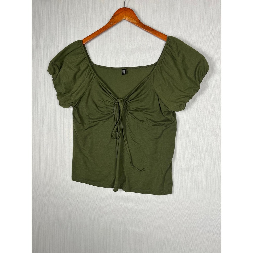 Puff Sleeve Top Womens 3XL Olive Green Ruched Tie Front Cottagecore Fairycore